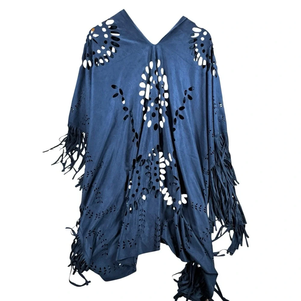 Raj Navy Vegan Suede Fringe Boho Laser Cut Shawl Wrap One Size Festival - Picture 3 of 6